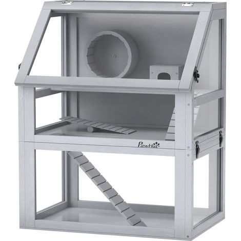 Wooden Hamster Cage Detachable 32cm Deep Bottom, Hut, Seesaw, Exercise Wheel, Ramp, 60 x 40 x 75cm, Light Grey (1/5)