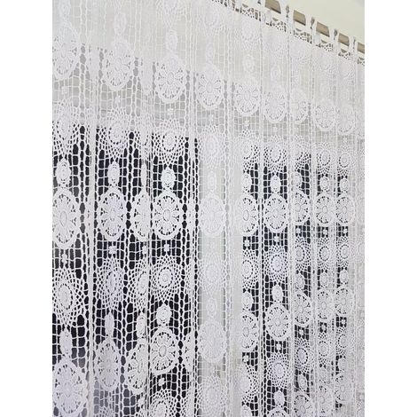 Cortina de guipur blanca confeccionada, 400x250 cm, con ojales y broches. (1/5)
