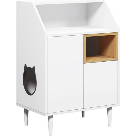 Soges – Maison de toilette pour chat avec compartiment – Bac à litière caché en bois P2 – Dimensions 62,5 x 40 x 92 cm – Design moderne blanc et chêne clair (1/4)