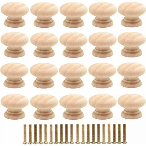 Paquete de 20 pomos redondos de madera para cajones de 35 mm, tiradores para puertas de armarios con tornillos (1/4)