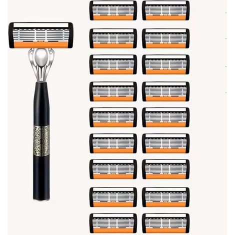 Rasoir manuel pour homme – Système de rasage à 7 lames avec 24 cartouches et étui de voyage – Manche en acier inoxydable (1/5)