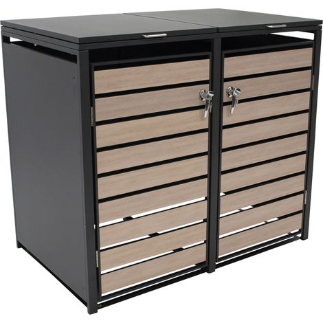 Mülltonnenbox 132x80x116cm für 2x Tonnen 120 und 240 Liter, Stahl anthrazit mit Türen Holzoptik (1/5)