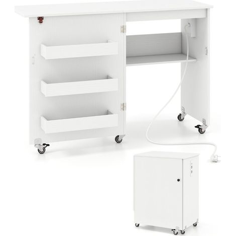 Table de couture blanche pliante avec plateau rabattable, station de charge, étagère (1/2)