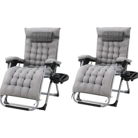 Chaise longue pliante zéro gravité Chaises longues grande taille Coussin en coton pour jardin Patio extérieur Chaise longue Charge 160 kg, 2pcs Gris (1/5)