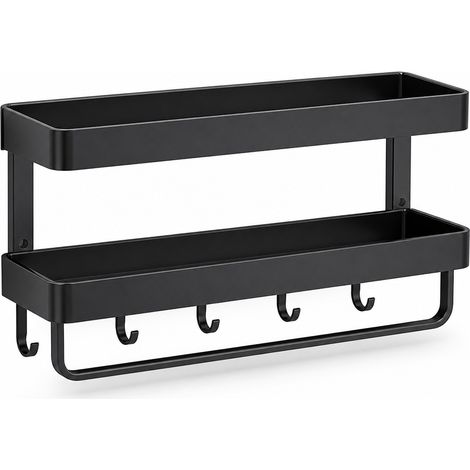 Étagère Murale Salle de Bain Double avec Crochets 60 cm Noire (1/5)