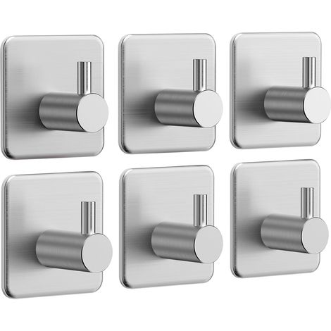 6 Pieces Adhesive Hooks, Towel Holder, Stainless Steel Bathroom Wall Hooks, Waterproof Adhesive Towel Hooks for Kitchen, Living Room and Office (1/5)