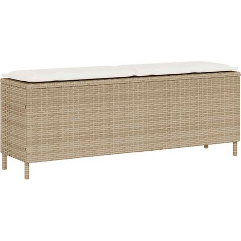 Banc de jardin avec coussins beiges, mesurant 110x30x40,5 cm, en résine tissée. (1/5)