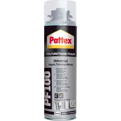 Pattex PU Foam Schiuma Poliuretanica Universale PF 100, Resistente al Fuoco per Riempimenti, Coibentazioni, Insonorizzazioni e Sigillature in Infissi, Impianti di Riscaldamento, Refrigerazione, 500ml