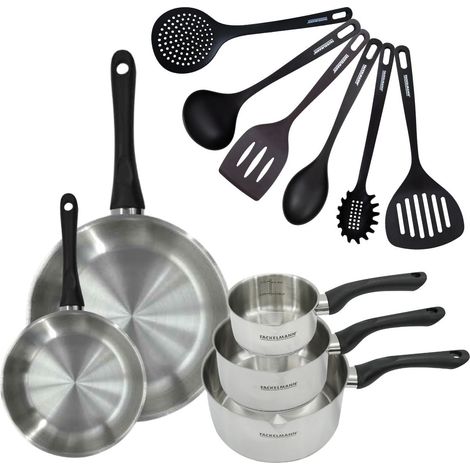 Set 2 poêles 20 et 28 cm 3 casseroles 12 16 et 20 cm en inox et 6 ustensiles Fackelmann Geneva (1/5)