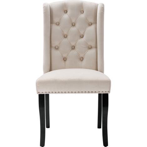 Sillas de comedor de terciopelo beige, juego de 6, con patas de roble y respaldo capitoné (1/5)