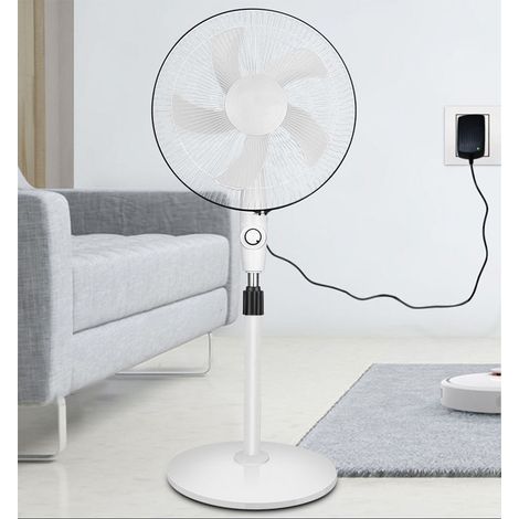 Hochleistungs-Standventilator aus Kunststoff, 3 Geschwindigkeitsstufen, weiß, für Schlaf- und Wohnzimmer, wiederaufladbar (mit Ladegerät und Solarpanel) (1/5)