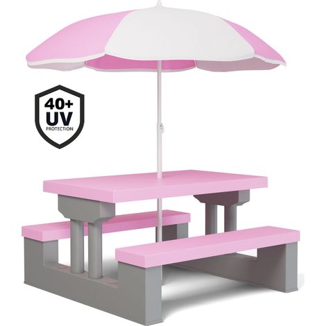 SPIELWERK Salon de jardin pour enfants ensemble 1 table et 2 bancs fixes parasol jouet jeu table terrasse pique-nique   Rose gris