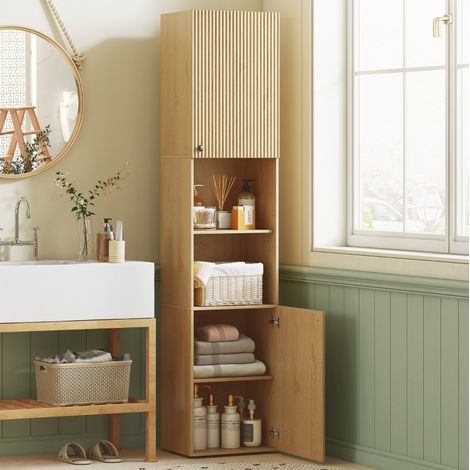 Mobile bagno alto 40x31x182 cm, con 2 vani chiusi e ripiani aperti, ripiani regolabili, legno, color rovere (1/5)