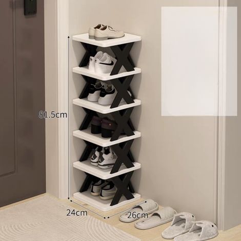 Étagère à Chaussures d'Angle – Haute, Étroite, Plastique Robuste. 6 Niveaux, 6 Paires. Modèle (Noir/Blanc  6 Niveaux). (1/5)