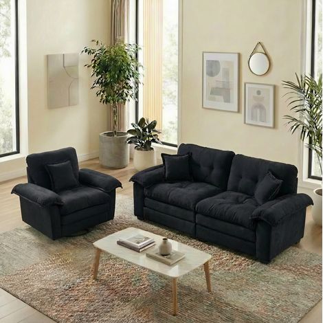 2-tlg. Sofaset schwarz mit Chenille-Bezug, 1-Sitzer und 2-Sitzer mit tiefen Sitzen, Memory-Schaum und Kissen (1/5)