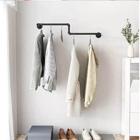 Porte-manteaux tringle à vêtements en forme de Z – Portant mural 100 cm en fonte malléable noire – Pour rangement vêtements maison et magasins – Aqrau (1/3)