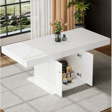 Table de salle à manger L180xW80xH76cm+ rangement sous-table, en panneaux de particules, table basse de salon, blanc (1/5)