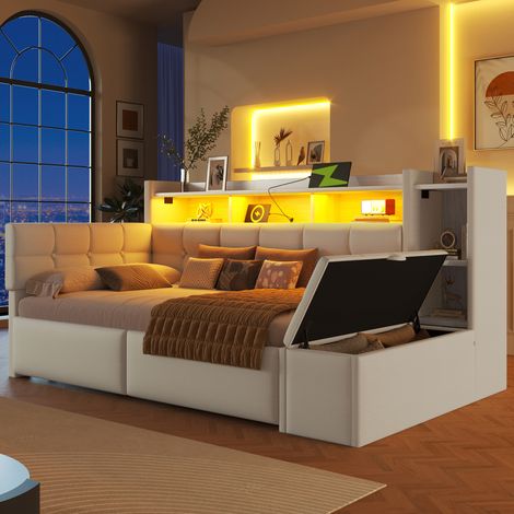 Letto bambini 90x190 cm con 2 cassetti, panca e vano portaoggetti, illuminazione LED e porte USB-Type-C, senza materasso, bianco (1/5)