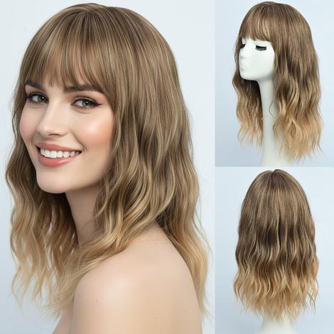 Perruque longue ondulée blonde avec frange pour femmes, perruques blondes de longueur moyenne, mi-longue pour l'usage quotidien, fêtes, longueur moyenne, ombre blonde (40 cm) (1/5)