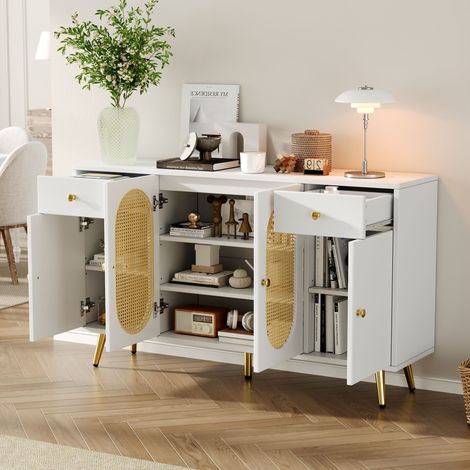 DESMIU Buffet 4 portes 2 tiroirs avec étagères réglables, pour salon et salle à manger, en panneau de particules, blanc naturel, 140 × 35 × 82 cm (1/5)