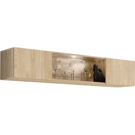 Horizontale Vitrine FLY – 1 teilweise verglaste Tür mit LED – Helles Eichenholz