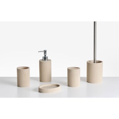 Set 5 accessori bagno portasapone, dispenser, porta scopino, bicchiere, porta spazzolini beige chiaro Chancay