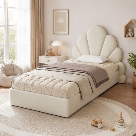 DESMIU Lit simple 90 × 200 cm avec tête de lit fleurie, base antidérapante, sans matelas, en velours, beige (1/5)