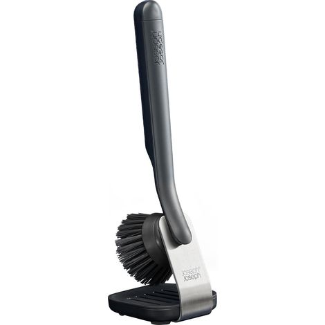 Spazzola per lavello SinkTech™ Joseph Joseph con supporto de acciaio inox, raschietto integrato, setole robuste, vaschetta antigoccia, testina sostituibile - grigio