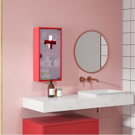 Armadietto portamedicinali da parete in acciaio con porta in vetro satinato e serratura rosso HAVRYA (1/5)