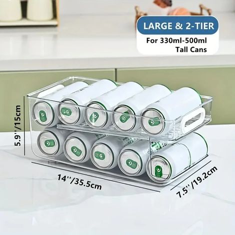 Distributeur de canettes (à 2 niveaux) pour réfrigérateur, organisateur de boissons empilable, bacs de rangement en plastique transparent pour réfrigérateur (1/5)