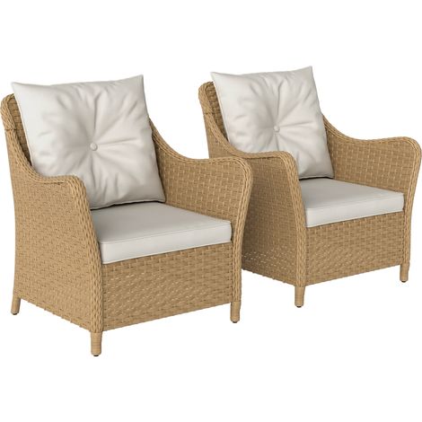 Outsunny Rattan Garden Chairs Set of 2, Outdoor Rattan Chairs with Cushions, Armrests and High Back, PE Wicker Garden Armchair with Steel Frame for Balcony, Porch, Beige