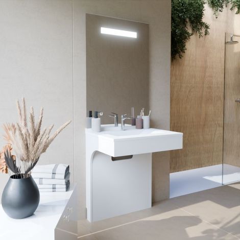 Cuisibane – Meuble vasque PMR 70 cm – Miroir led – Finition laquée blanc brillant – Hauteur adaptée pour personnes à mobilité réduite - ht105