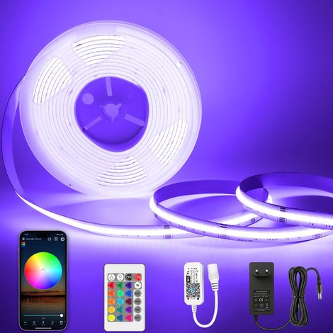 LED COB Ruban RGBW 24V 5M dimmable avec télécommande et bloc d'alimentation Bande RGB + blanc chaud 3000 K, haute densité 784 LED/m, contrôlable via application (1/5)