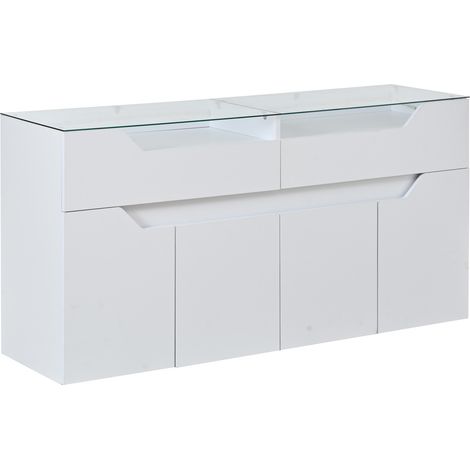 Aparador blanco con tapa de vidrio templado 140x40x70 cm MDF con 2 cajones (1/5)