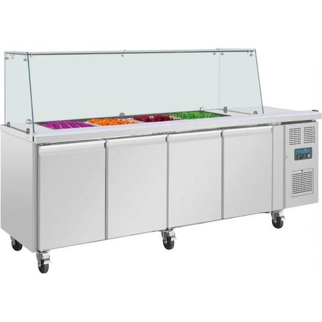 Comptoir inox réfrigéré de préparation 616 litres, 4 x GN 1/1, pare-haleine carré, 300 W, 220 V - MONO