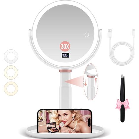 Miroir Grossissant Lumineux 30X/1X 2 côtés, mirroir maquilleur lumineux, mode d'éclairage tricolore Luminosité/hauteur réglable, miroir de courtoisie avec éclairage et grossissement pour les voyages (1/5)