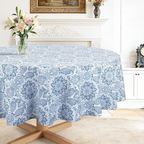 Nappe ronde 180 cm Boho Paisley Mandala Fleurs Bleu Facile d'entretien & Infroissable