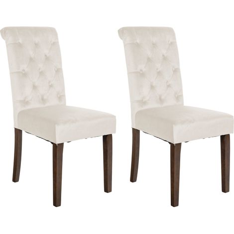 Set di 2 eleganti e comode sedie da pranzo imbottite in velluto color crema con struttura in legno marrone scuro 100007621