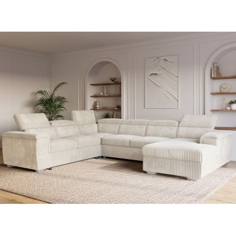 Deco In Paris – Canapé panoramique convertible 5 places – Coffre de rangement – Velours côtelé beige – Dimensions 315x251x81 cm – Couchage 119x182 cm (1/5)