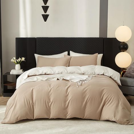 Parure de lit 3 pièces en coton 220 x 200 cm, beige, crème, blanc, uni, esthétique, lit double, en coton doux, réversible, housse de couette 200 x 220 cm et 2 taies d'oreiller 80 x 80 cm (1/5)