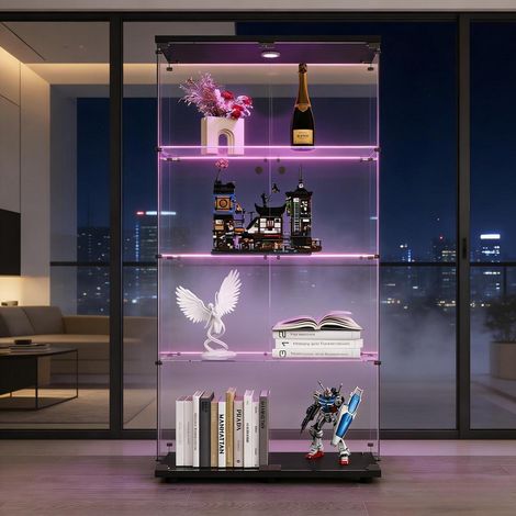 Standvitrine mit Tür & Schloss, 4 Lagen Glasvitrine mit LED, Schwarz (1/5)