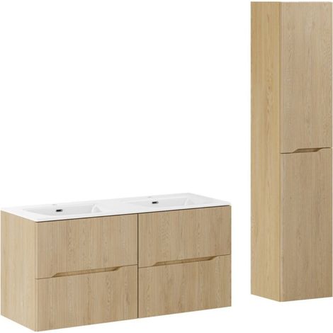 Wandhängendes Badezimmer-Set NATURA 155cm: Unterschränke 60cm + Doppel-Einbauwaschbecken + Hochschrank