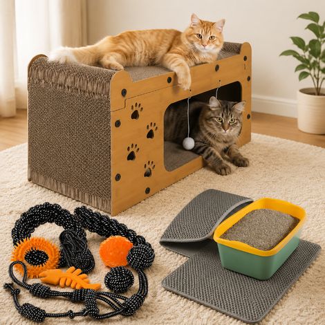 Starter-Set für mehrere Haustiere (3-teilig) – 10-teiliges Hundespielzeug-Set, 2-stöckiger Kratzbaum für Katzen und Katzentoilettenmatte (1/5)