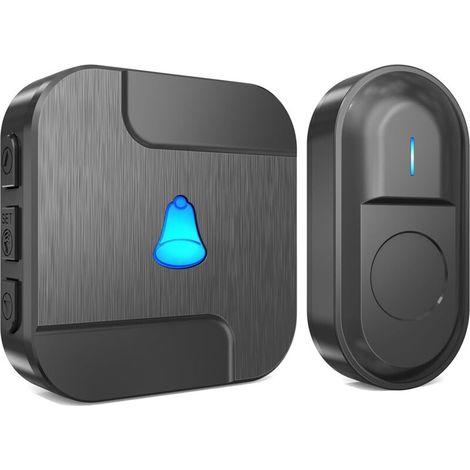 Timbre inalámbrico impermeable con batería, alcance de 300 m, transmisor exterior y receptor interior, 55 tonos de llamada, 5 niveles de volumen seleccionables, color negro.
