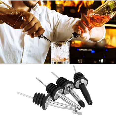 Wine Pourer, 4-Piece Set in 304 Stainless Steel, Bottle Pourer with Curved Nozzle, Rubber Seal, Smooth Flow for Alcohol Bottles, Home, Bar, Restaurant (1/5)
