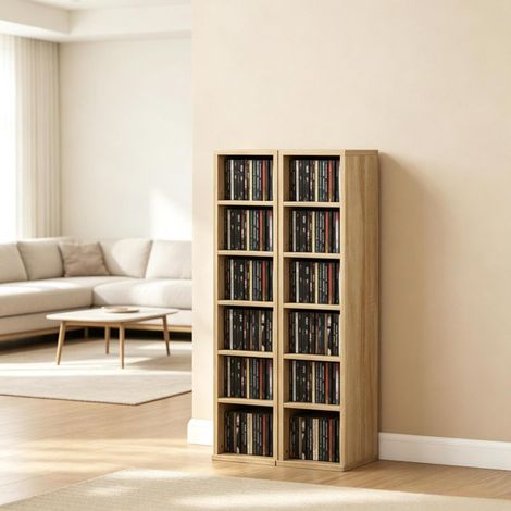 Mueble para CD, lote de 2 columnas de almacenamiento, 12 compartimentos, 204 CD, color roble DESVIAE (1/5)