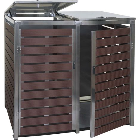 2x copribidoni box spazzatura rifiuti HHG-685 XL 102x144x117cm acciaio inox WPC marrone