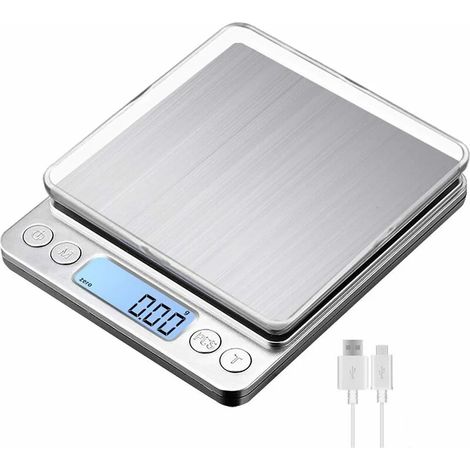 Balance de cuisine numérique rechargeable USB 3 kg/0,1 g, balance de pâtisserie numérique, balance alimentaire, balance électronique de précision, plateau de pesée en acier inoxydable, fonction tare-A (1/5)