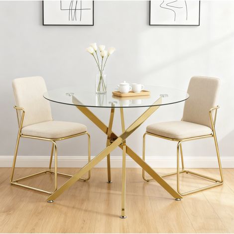 Tavolo da pranzo rotondo 80/80/76 cm in vetro temperato con gambe dorate (1/5)