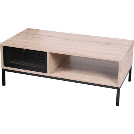 Table Basse en Bois et Métal Grillagé Noir 1 Tiroir (1/3)